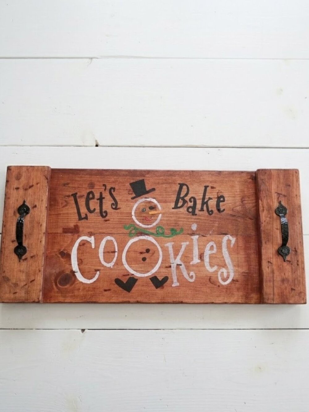 Handcrafted Wooden Tray Let's Bake Cookies Christmas Snowman Farmhouse Handles